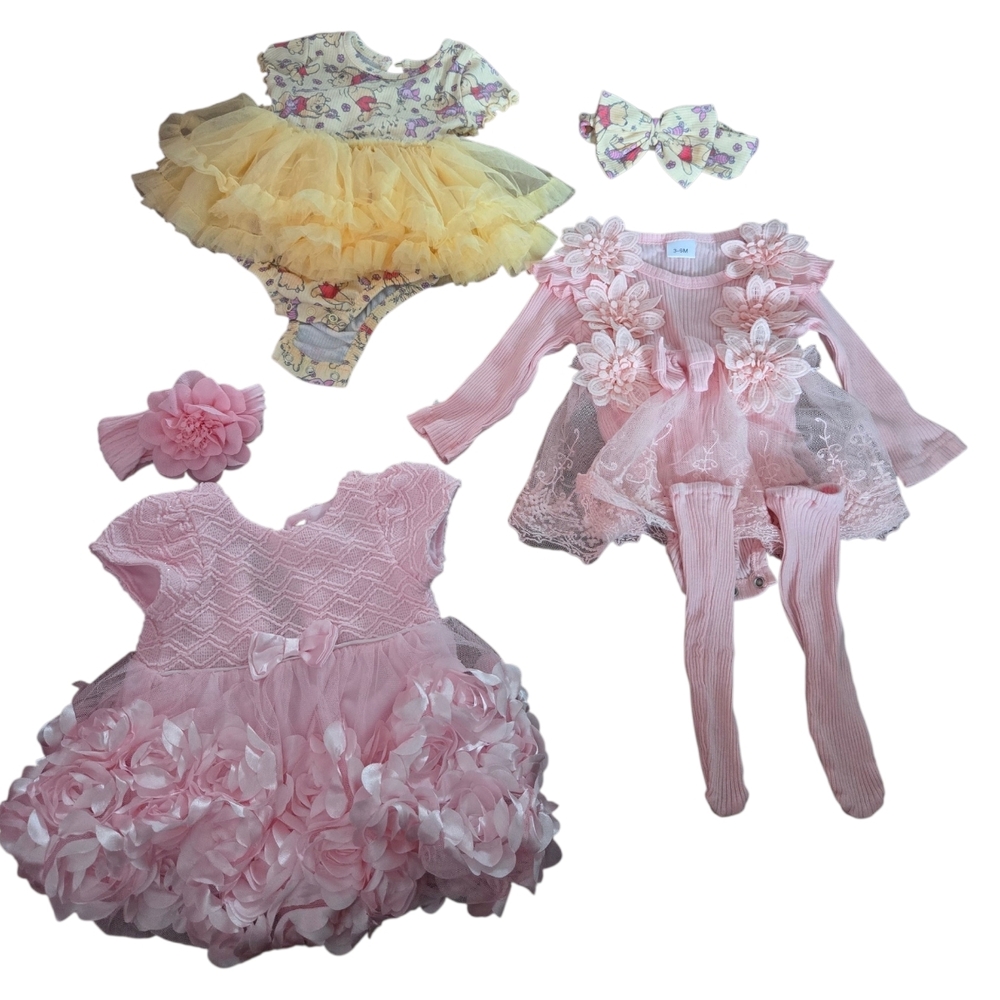 Baby Pink Floral Dress and Yellow Pooh Tulle Formal Dress Set